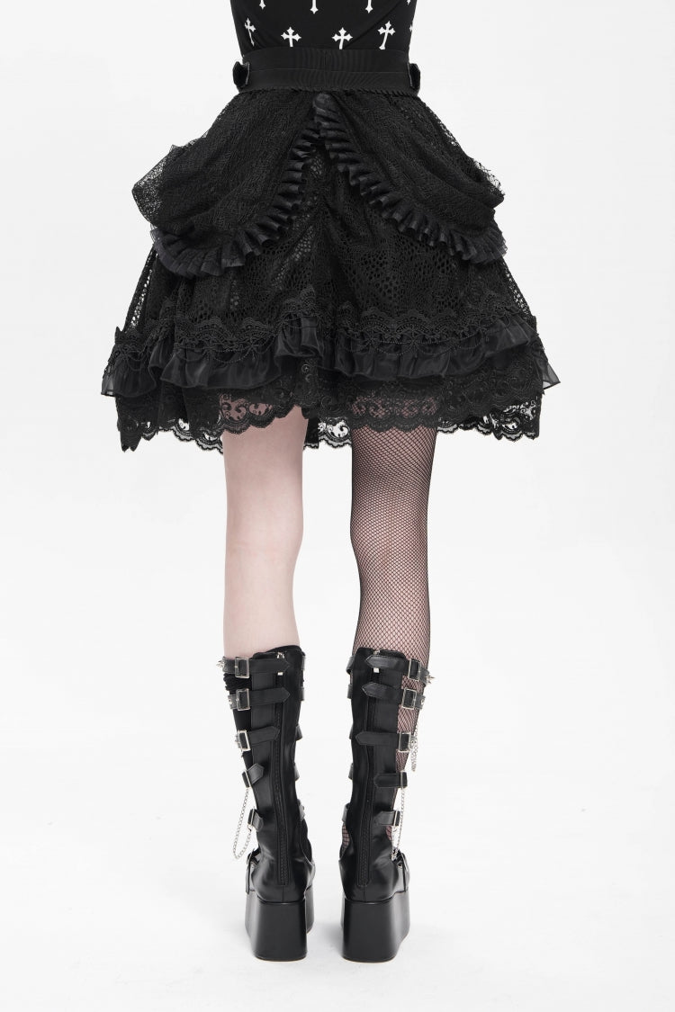 Black Multi-Layered Ruffle Buckle Straps Women's Gothic Skirt