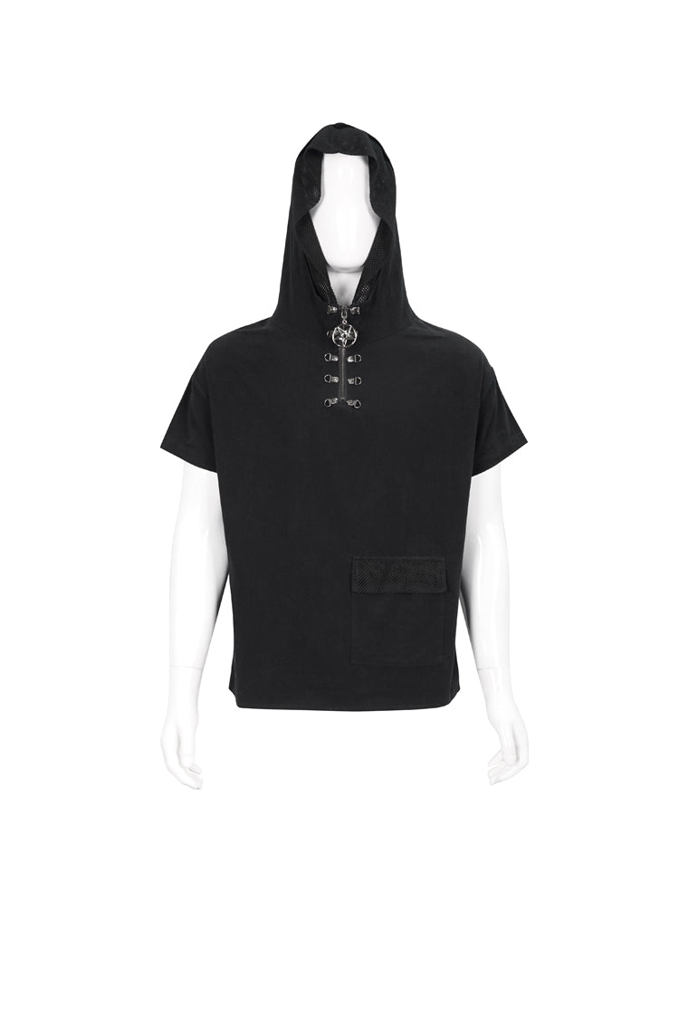 Black Hooded Mesh Splice Zipper Back Openwork Lace-Up Casual Short Sleeve Men's Punk T-Shirt