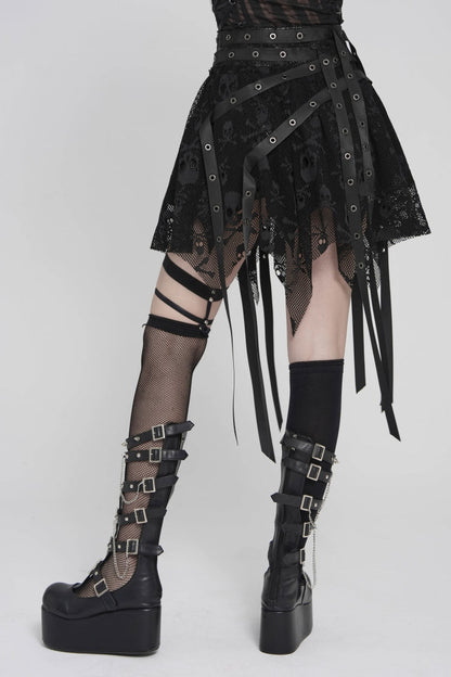 Black Double-Layered Lace Lace-Up Irregular Mesh Eyelet Women's Punk Skirt