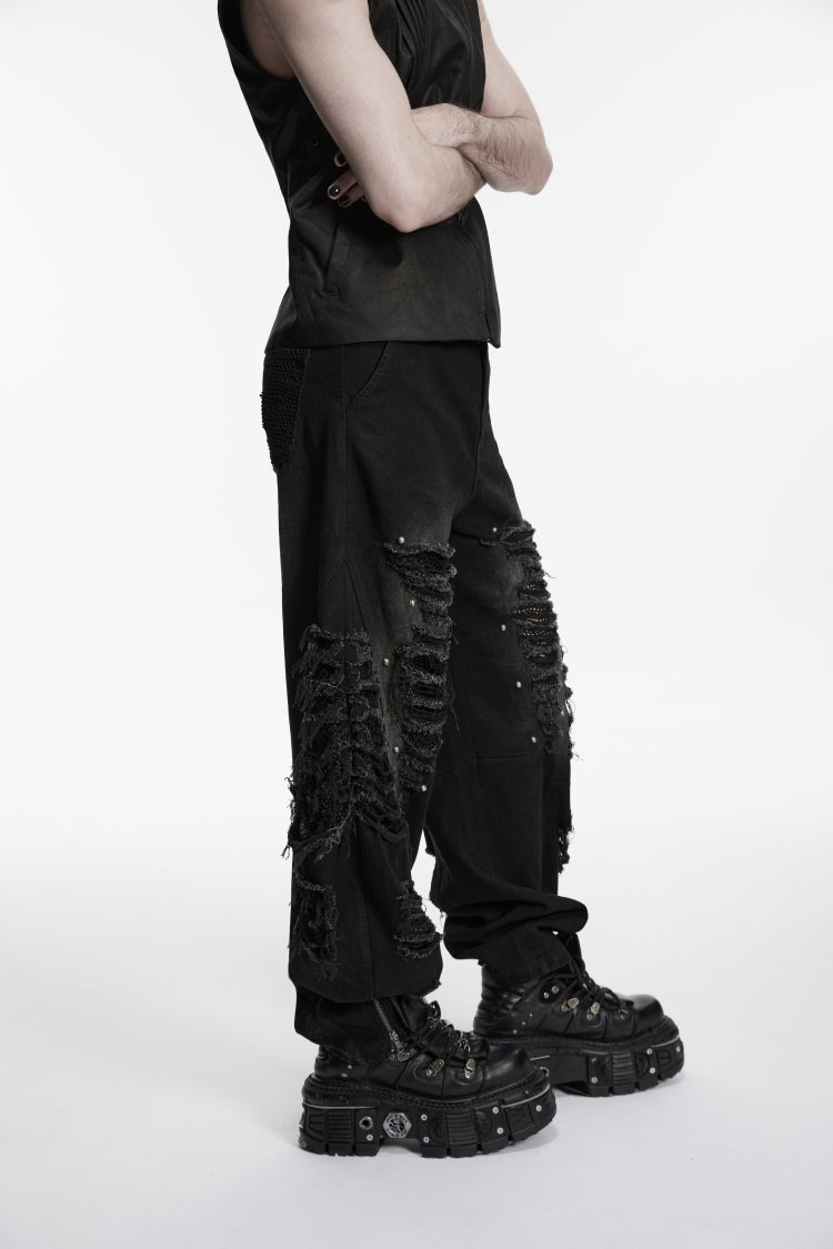 Black Irregular Mesh Ripped Studded Zippered Eyelet Men's Punk Handsome Cool Pants