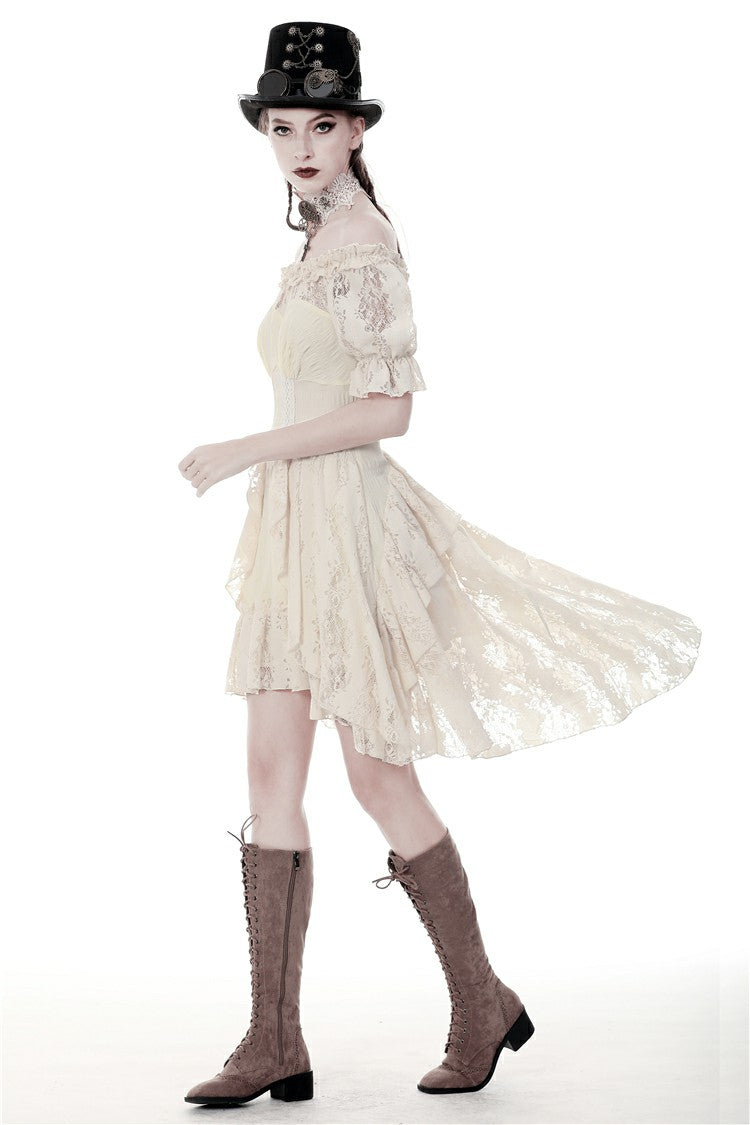 Beige Ruffled Off Shoulder Short Sleeves Ruched Women's Steampunk Vintage Gorgeous Graduation Dress