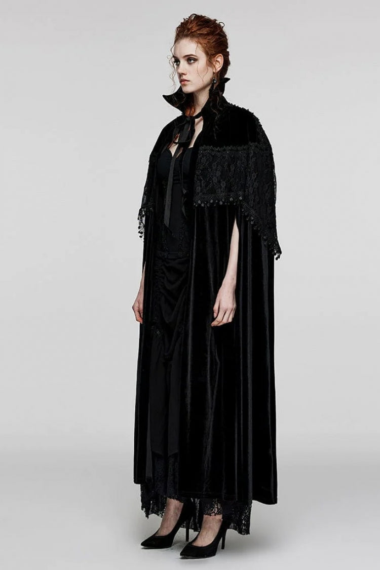 Black Bat Stand Collar Stitching Lace Nails Decorated Womens Gothic Cloak