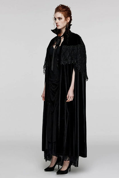 Black Bat Stand Collar Stitching Lace Nails Decorated Womens Gothic Cloak