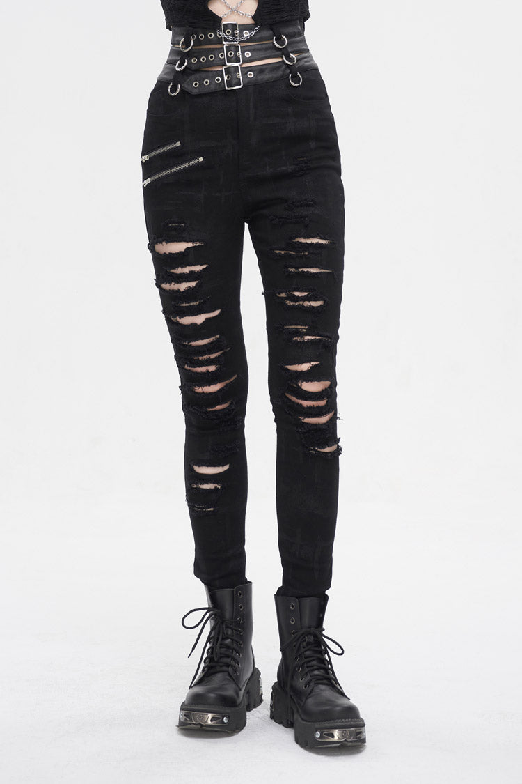 Black High Waisted Loophole Ripped Buckle Women's Punk Pants