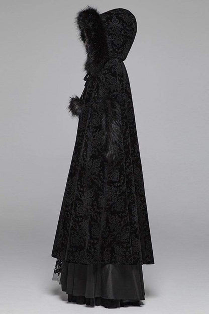 Black Fur Hood Front Fuzzy Ball Bandage Long Women's Gothic Cloak