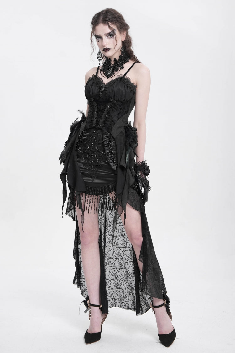 Black Embroidery Stitching Lace Mesh Women's Gothic Skirt With Train