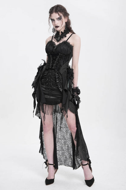 Black Embroidery Stitching Lace Mesh Women's Gothic Skirt With Train