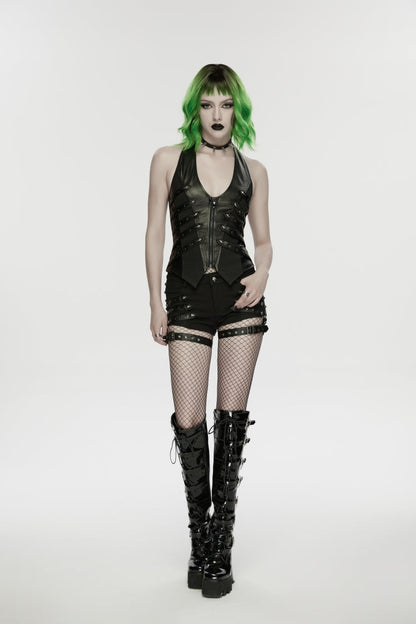 Black Halterneck Slim Studded Zippered Women's Punk Vest