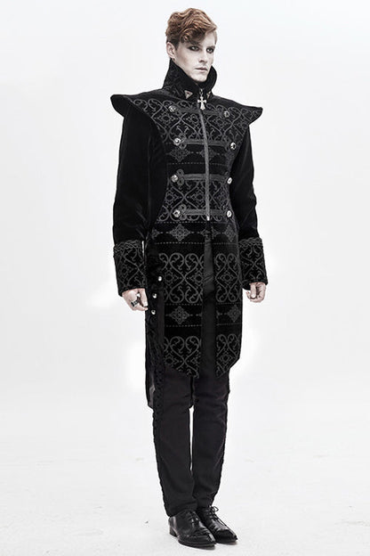 Black High Collar Chinese Palace Floral Pattern Velvet Long Mens Gothic Coat
