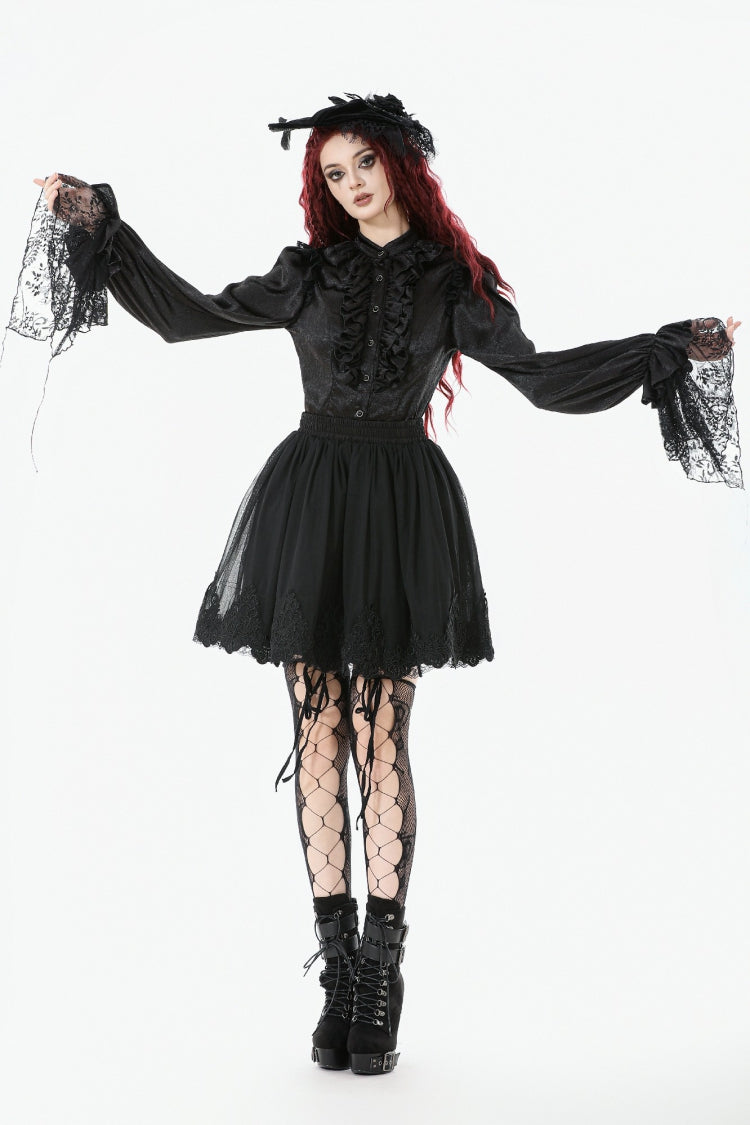 Black Long Lantern Sleeves Ruffled Spliced Lace Women's Gothic Blouse