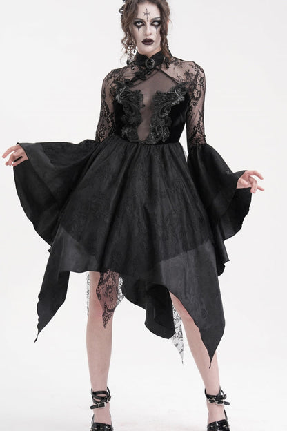 Black Long Sleeves Embroidery Lace Lace-Up Irregular Sheer Mesh Women's Gothic Dress