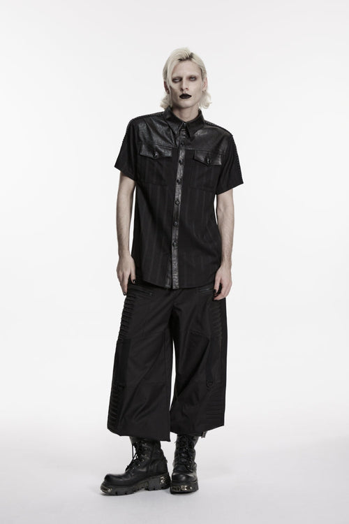 Black Lapel Collar Short Sleeves Spliced Men's Punk Shirt