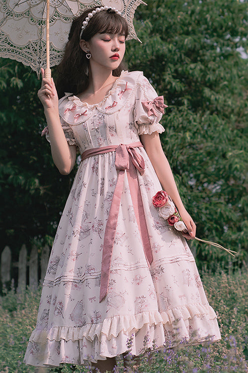 Beige Round Collar Short Sleeves Flower Print High Waist Sweet Lolita OP Dress