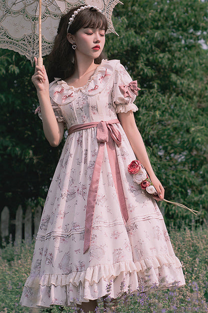 Beige Round Collar Short Sleeves Flower Print High Waist Sweet Lolita OP Dress