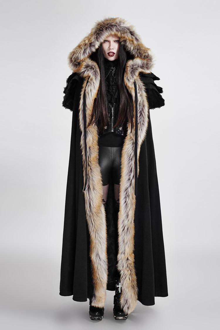 Black Hooded Fur Collar Wool Long Womens Gothic Coat Cloak