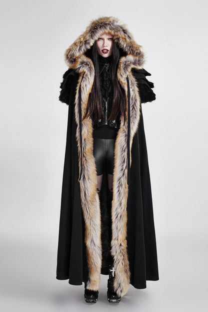 Black Hooded Fur Collar Wool Long Womens Gothic Coat Cloak