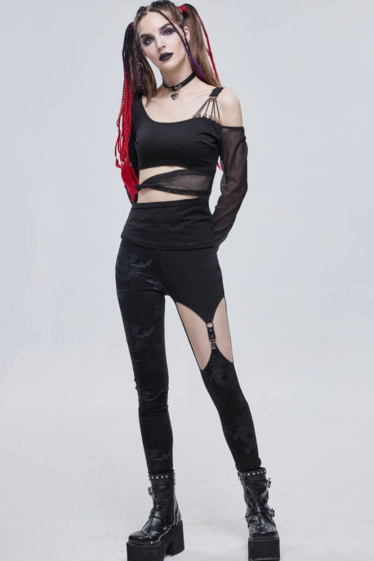 Black Gothic Ripped Spider Web Print Asymmetric Belt Buckle Decoration Women's Leggings