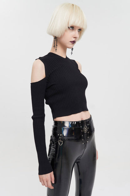Black Hooded Off-The-Shoulder Back Cutout Rope String Upside Down Pentagram Wool Knit Long Sleeve Women's Punk Sweater