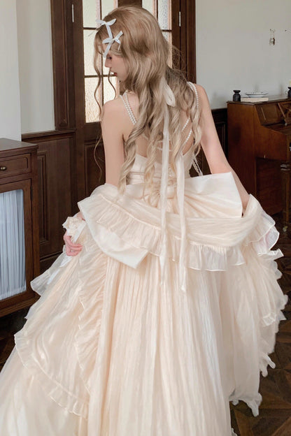 Apricot Halterneck Sleeveless Ruffle Bowknot Lace Sweet Princess Lolita Jsk Long Dress Set