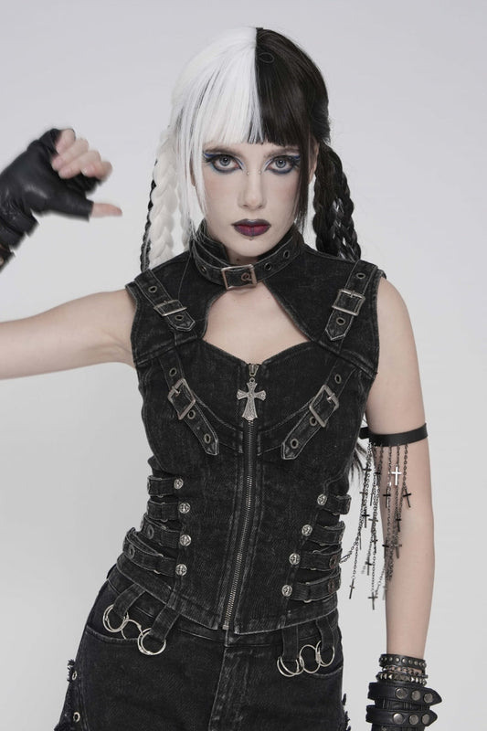 Black Halterneck Slim Buckled Zippered Women's Punk Vest