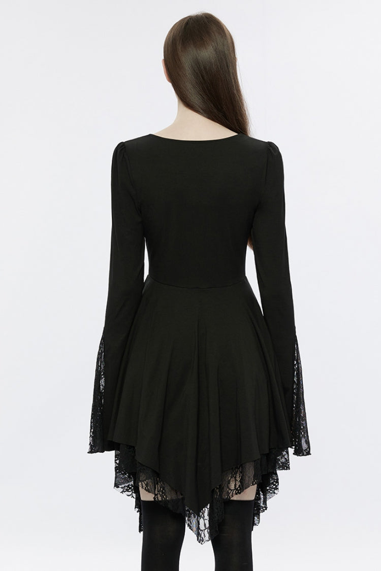 Black Long Trumpet Sleeves Stitching Lace Asymmetric Women's Gothic Dress