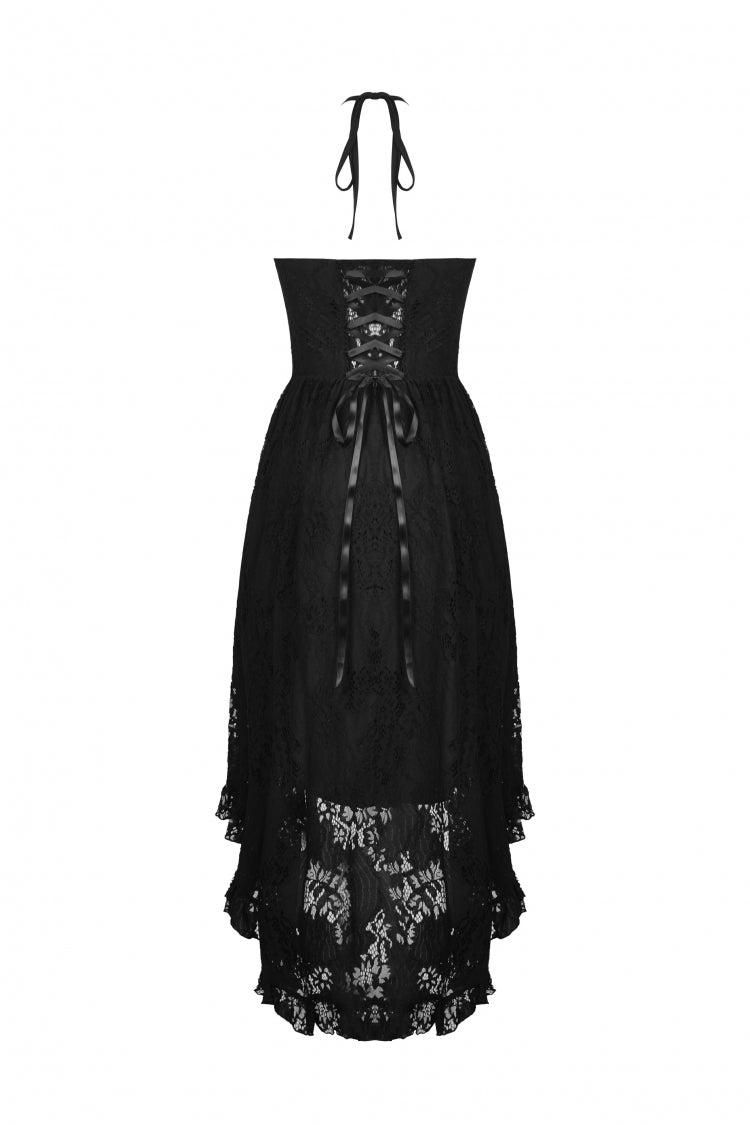 Black Off Shoulder Halterneck Ruffled Lace-Up Swallow Tail Floral Lace Women's Gothic Dress