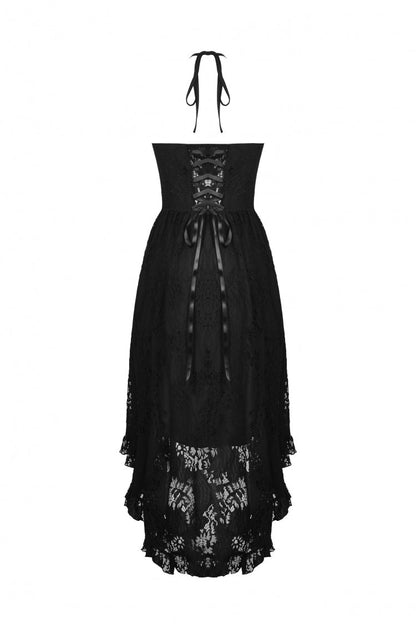 Black Off Shoulder Halterneck Ruffled Lace-Up Swallow Tail Floral Lace Women's Gothic Dress