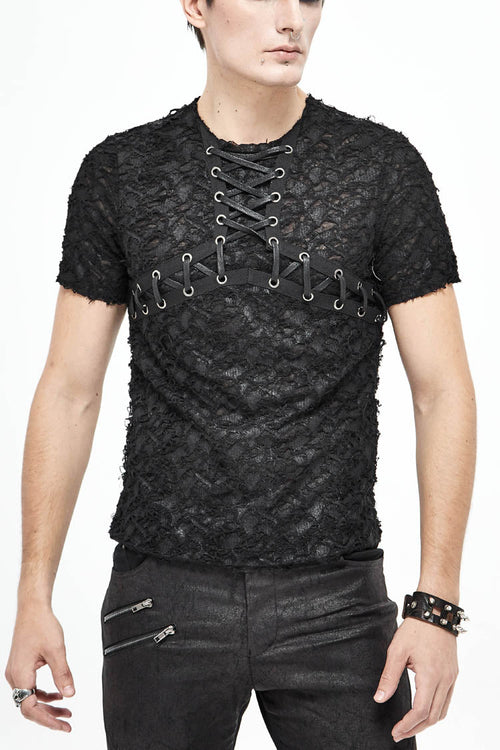 Black Broken Holes Thick Stripes Chest Lace-Up Knit Short Sleeve Men's Punk T-Shirt