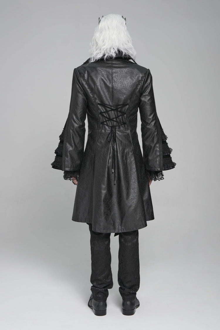 Black Long Trumpet Sleeves Floral Crochet Embroidery Lace-Up Men's Gothic Coat