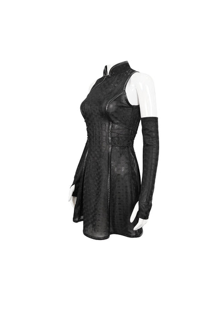 Black Laminated Stretch Cheongsam Collar Sleeveless Short Women's Punk Dress