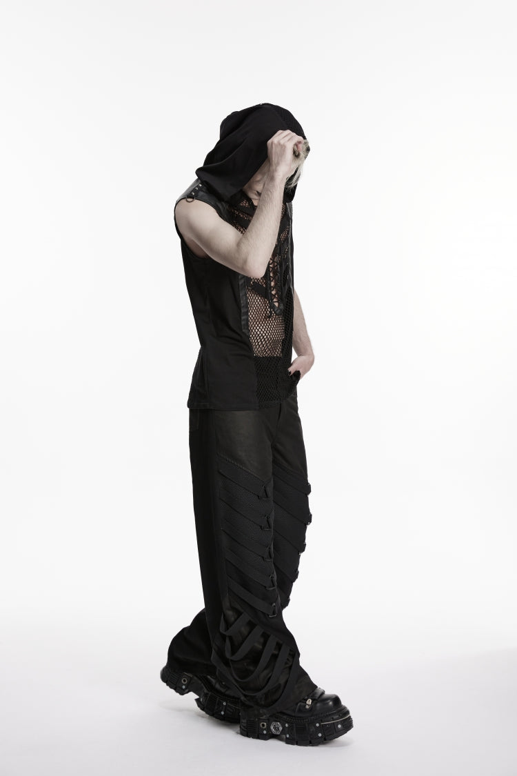 Black Multi-Layered Mesh Eyelet Men's Punk Cool Strappy Pants