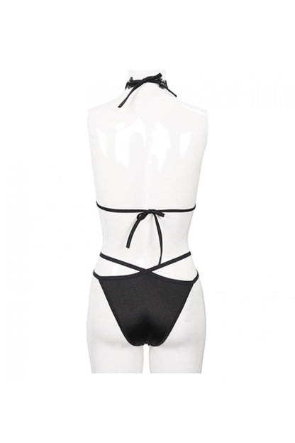 Black Gothic Lace Collar Lace Up Bikini Swimsuit