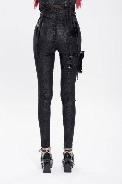 Black Print Buckle Straps Women's Punk Pants with Leg Bag