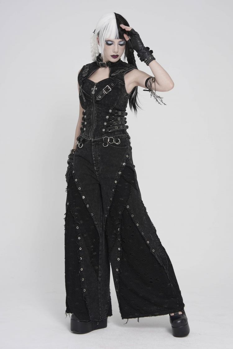 Black Halterneck Slim Buckled Zippered Women's Punk Vest