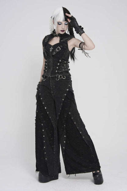 Black Halterneck Slim Buckled Zippered Women's Punk Vest