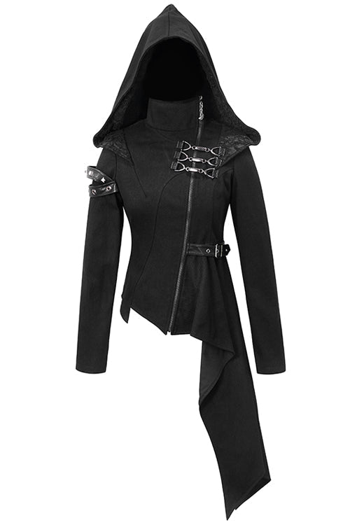 Black Hooded Asymmetrical Zipper Womens Punk Jacket