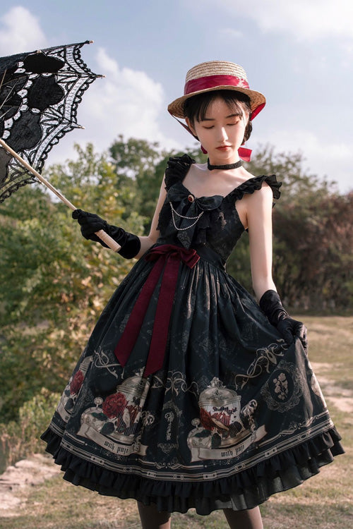 Black Nightingale Rose Print Bowknot Ruffled Strapless Gothic Lolita JSK Dress