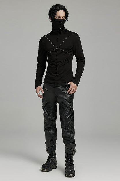 Black Long Sleeves Rivet Mesh Men's Punk Blouse with Undetachable Mask