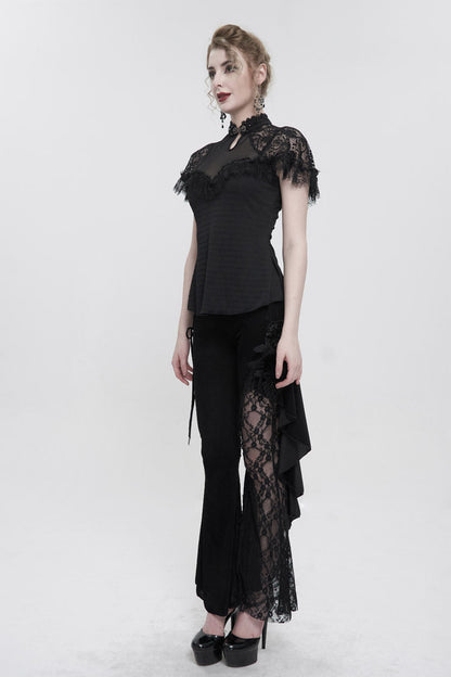 Black Chinese Style V-Neck Nail Drill Chest Stitching Mesh Raglan Sleeves Gothic Cheongsam Style Women's Slim T-Shirt