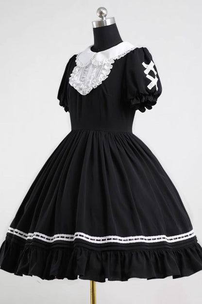 Black Lapel Collar Short Sleeves Ruffle Bowknot Maid Gothic Lolita Dress