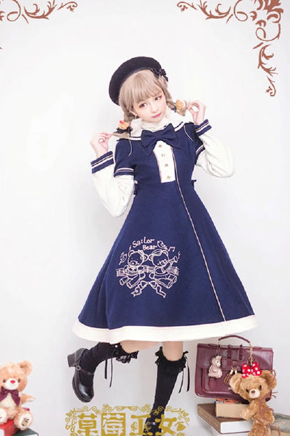 Bear Print Embroidery Long Sleeves Bowknot Sweet Lolita Woolen Coat 2 Colors