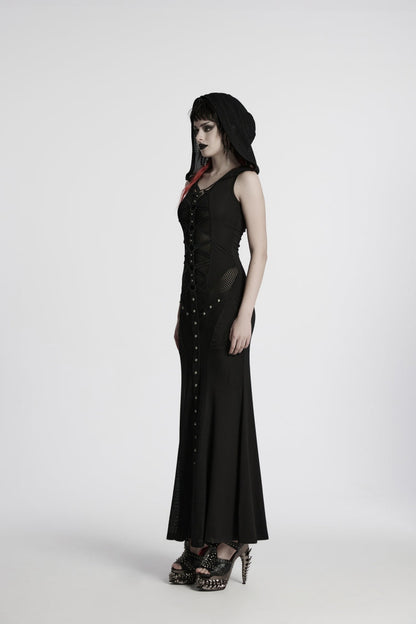 Black Off Shoulder Sleeveless Spliced Lace-Up Slim Mesh Studded Eyelet Women's Punk Dress