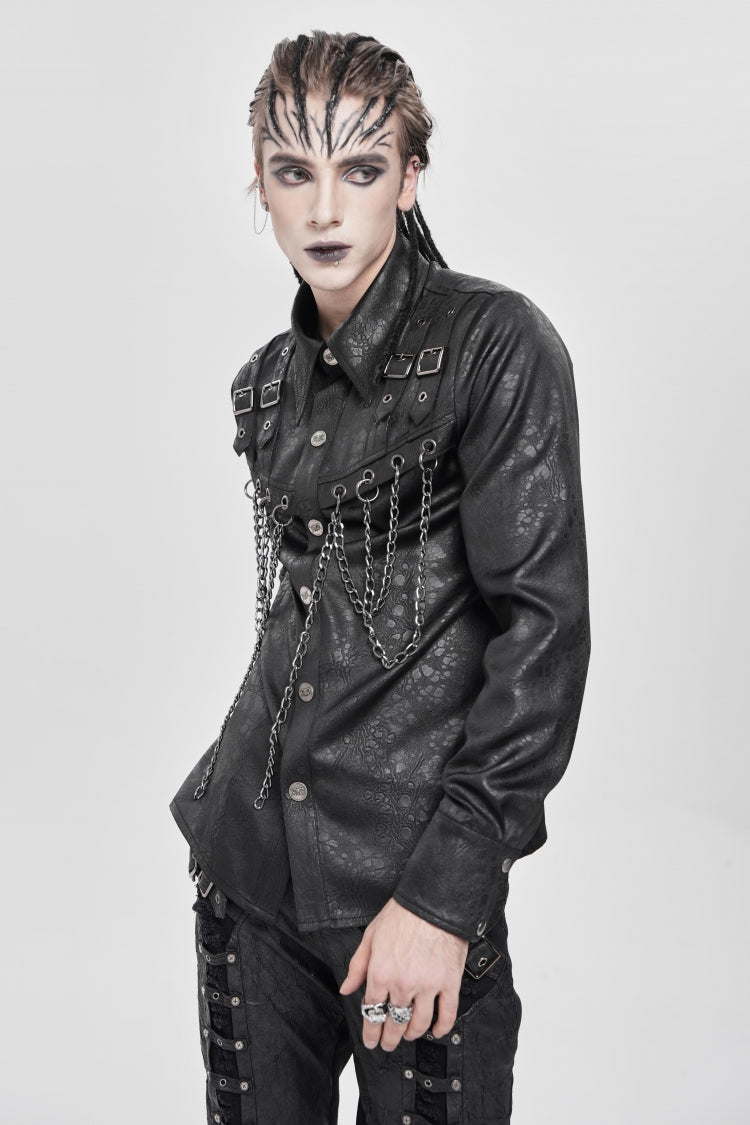 Black Lapel Collar Long Sleeves Buckled Strappy Chain-Decorated Men's Punk Shirt