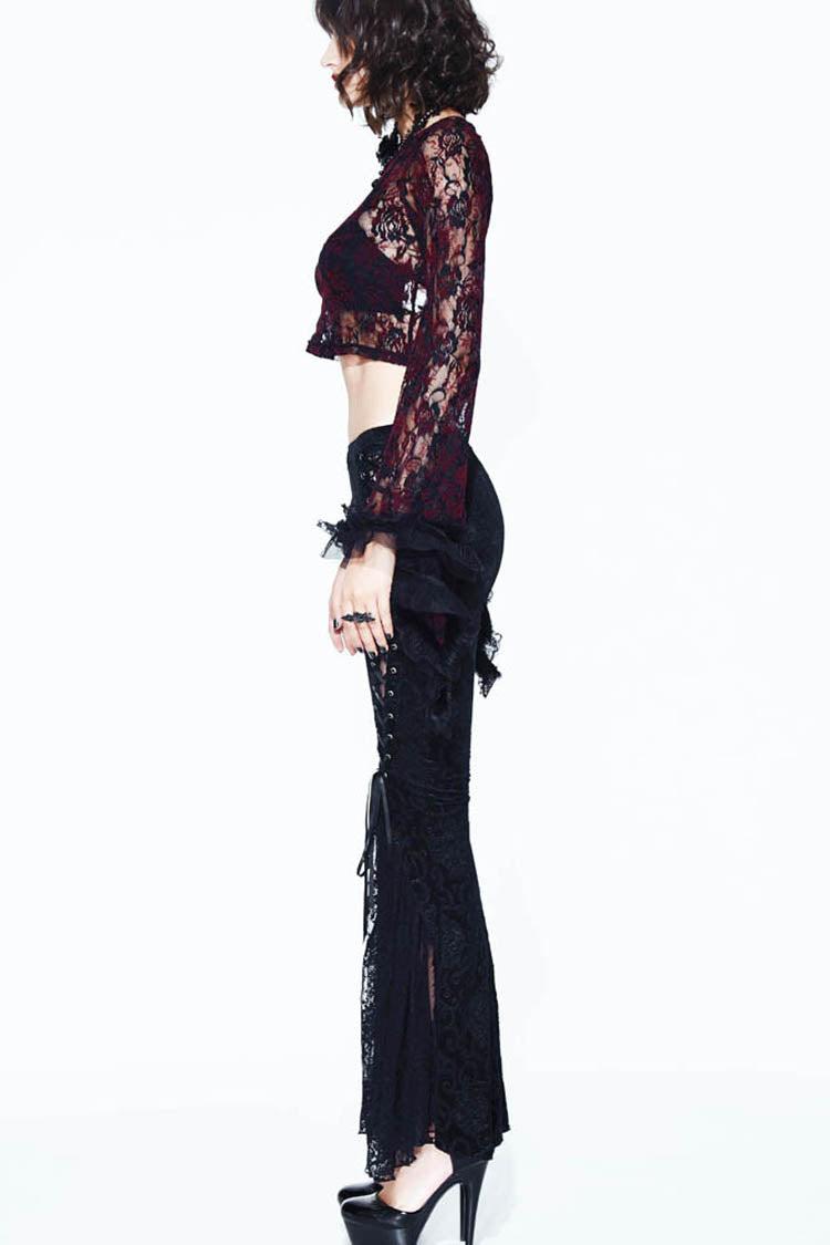 Black Palace Pattern Lace-Up Velveteen Lace Flared Women's Gothic Pants