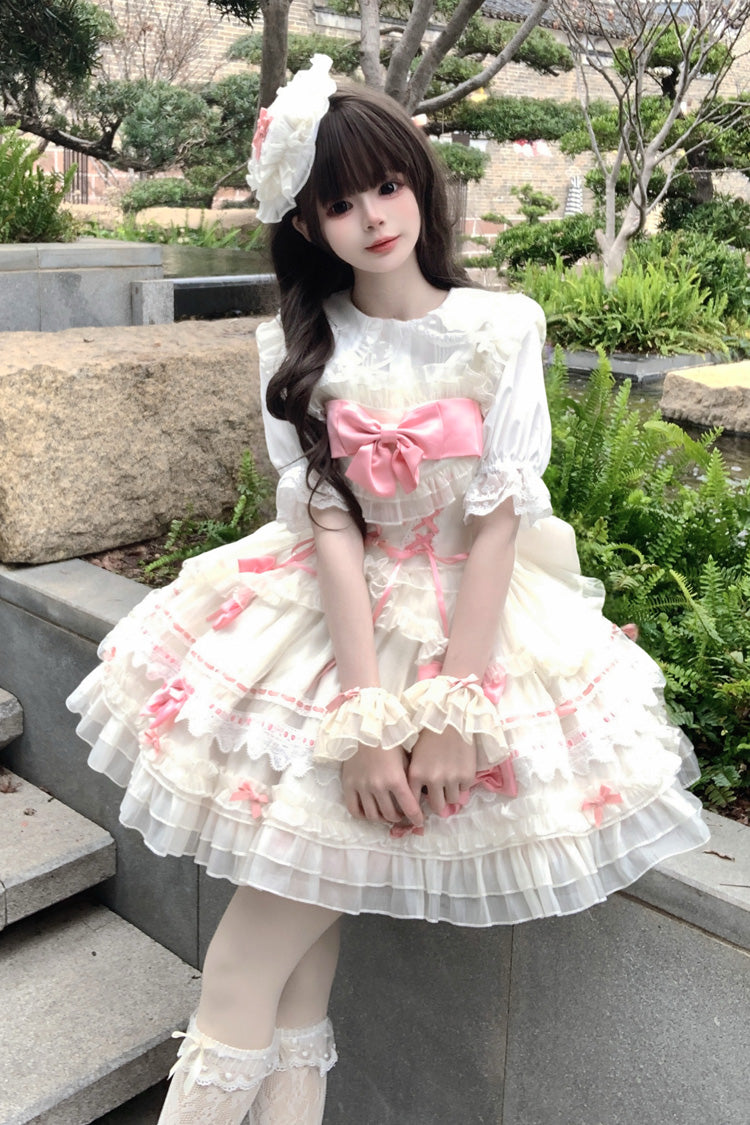 Apricot/Pink [Prelude to Spring Song] Sleeveless Multi-Layered Ruffle Bowknot Lace Sweet Princess Ballet Lolita Jsk Dress