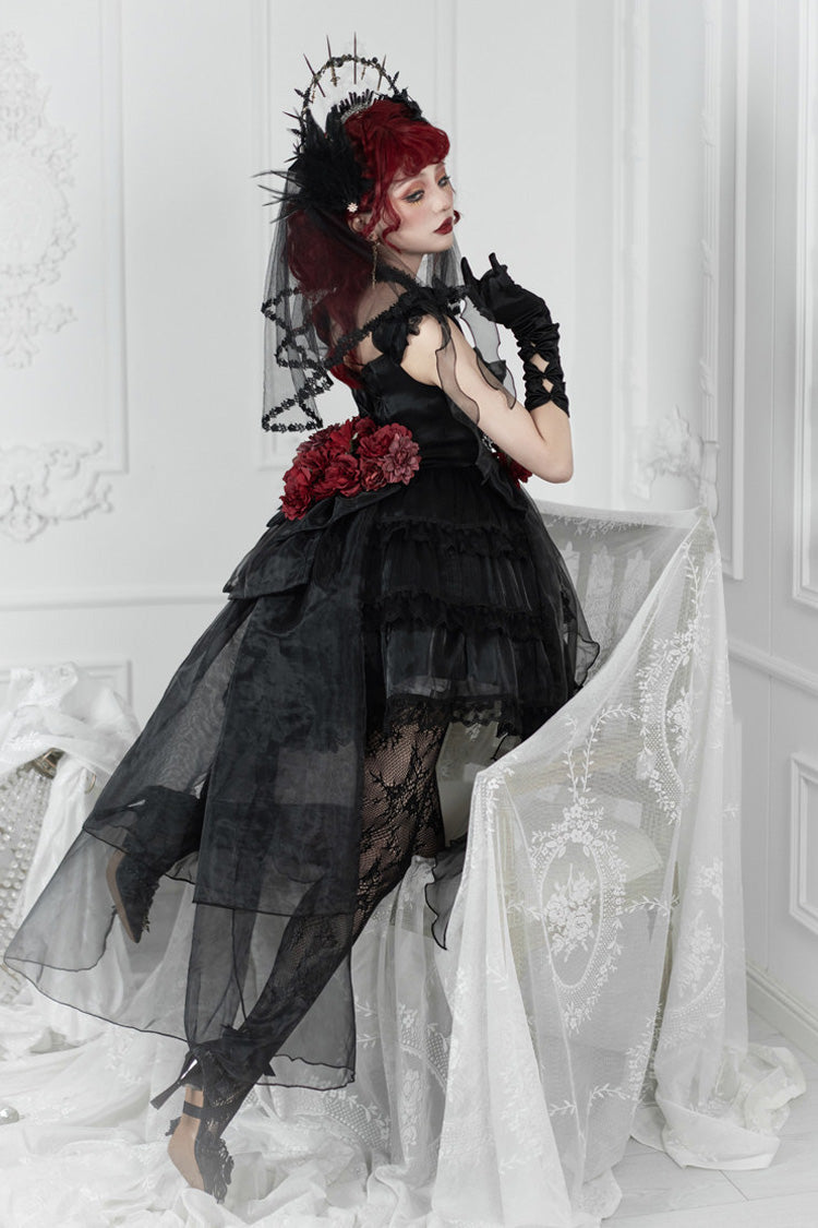Black Multi-Layered Ruffled Hanayome Bow Pearl-Decorated Gothic Lolita Jsk Dress Full Set 2 Versions