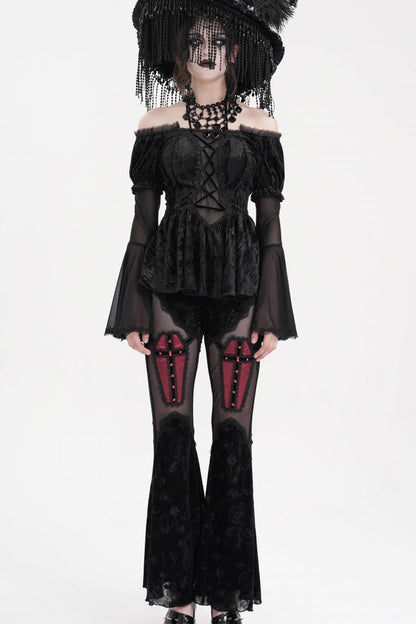 Black Halterneck Long Sleeves Hollow Lace-Up Mesh Women's Gothic Blouse