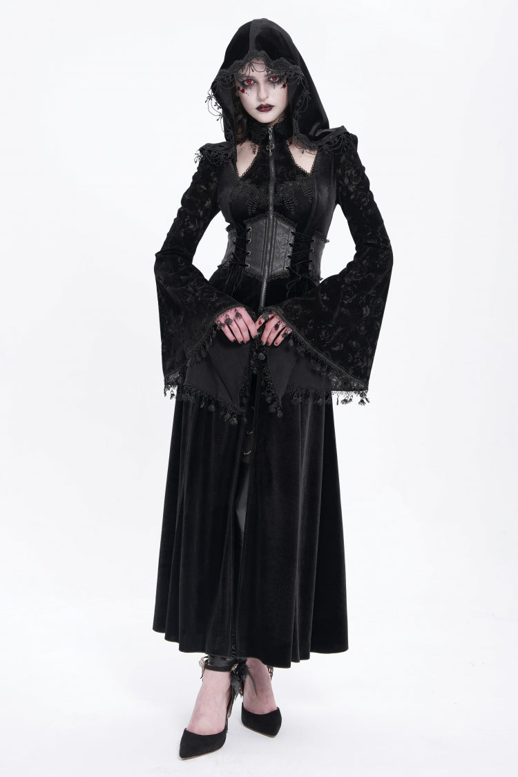 Black Long Sleeves Hollow Embroidery Hooded Ripped Women's Gothic Dress Coat