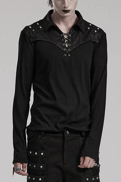 Black Lapel Collar Long Sleeves Stitching Mens Steampunk T-Shirt