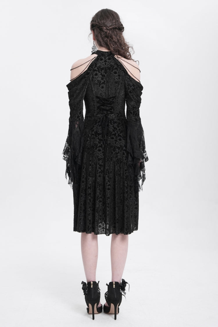 Black Off Shoulder Drawstring Jacquard Embroidery Women's Gothic Party Dress